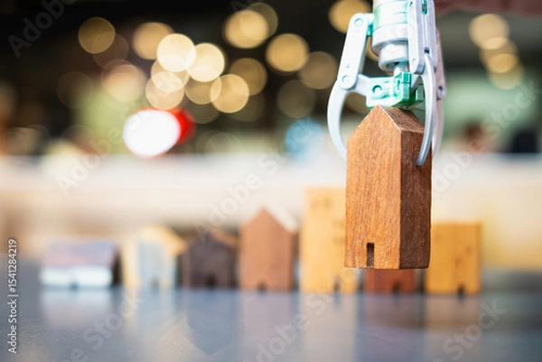 Fototapeta AI in real estate: A robotic arm lifts a tiny wooden house, showcasing technology's power to match homes with budgets and desired types.