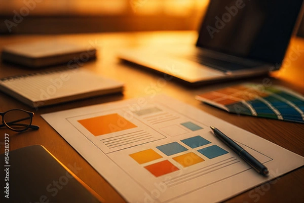 Fototapeta Designer's Workspace Featuring Layout Mockup Notebook Laptop and Color Palette