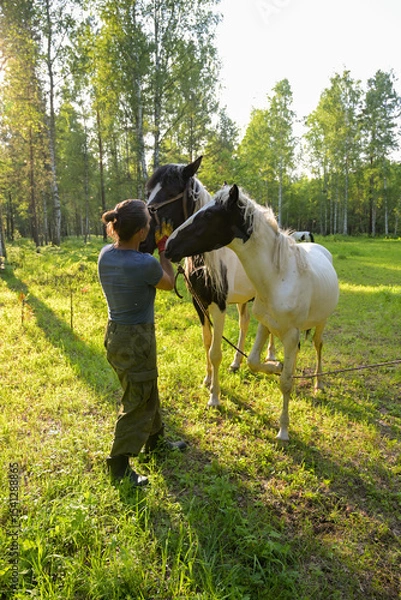 Obraz rustic man with  horse in rural village near  forest.  horse farm is surrounded by nature, hay is stacked nearby,  peaceful and traditional.  man is caring for  horse