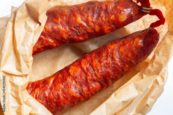 Obraz Spanish Chorizo spicy sausage in a brown paper bag background. Environmetally friendly eco biodegradable packaging concept.