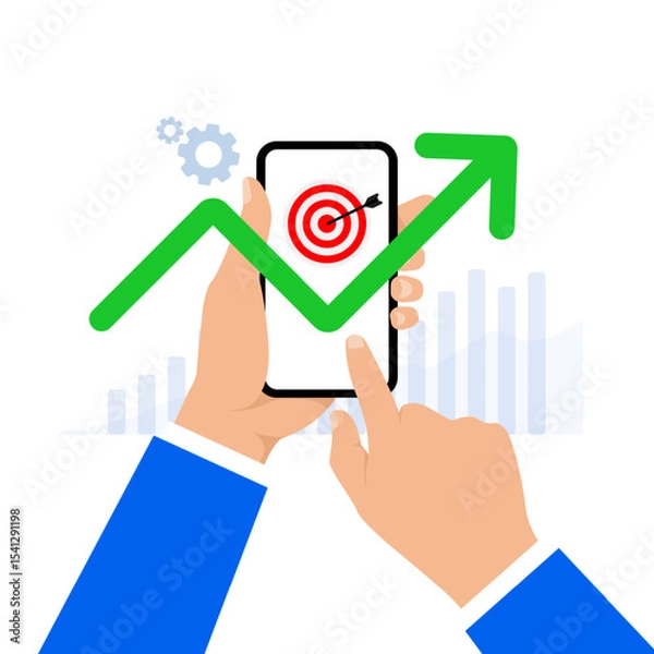 Fototapeta Hand pointing at mobile phone with up arrow and business target group. Success concept. On white background. Vector illustration
