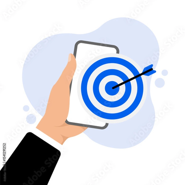 Fototapeta Hands holds smartphone with blue business target group. Success concept on white background. Vector illustration