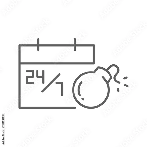 Fototapeta Continuous work pressure icon Outline symbol of burnout calendar and time bomb showing employee fatigue remote job overload editable line design