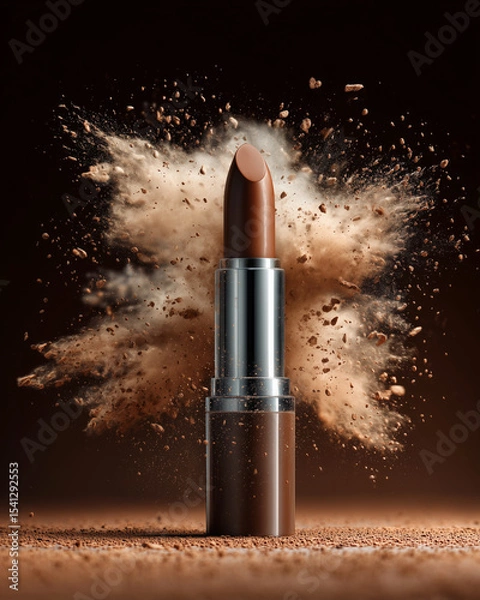 Fototapeta A close up of a lipstick with a lot of powder on it. The powder is falling on the lipstick and the background is dark