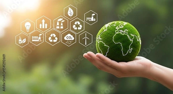 Obraz Green globe held in hand with eco-friendly icons representing sustainability and nature.