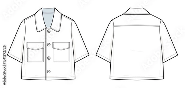 Fototapeta Utility Short-Sleeve Shirt Technical Fashion Illustration. Boxy Button-Up Shirt Vector Template. Front Flap Pockets. Cropped Length. Relaxed Fit. Front and Back View.  Shirt CAD Mockup set.