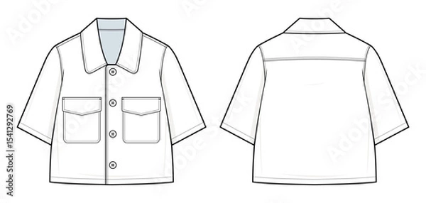 Fototapeta Boxy Short-Sleeve Shirt Technical Fashion Illustration. Button-Up Shirt Vector Template. Dual Chest Pockets with Flaps. Wide Collar. Relaxed Fit. Cropped Length. Front and Back View. Shirt CAD Mockup.