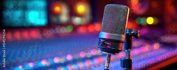 Fototapeta Close-up of a Studio Microphone in a Vibrant Recording Booth