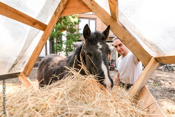 Obraz rustic man with  horse in rural village near  forest.  horse farm is surrounded by nature, hay is stacked nearby,  peaceful and traditional.  man is caring for  horse