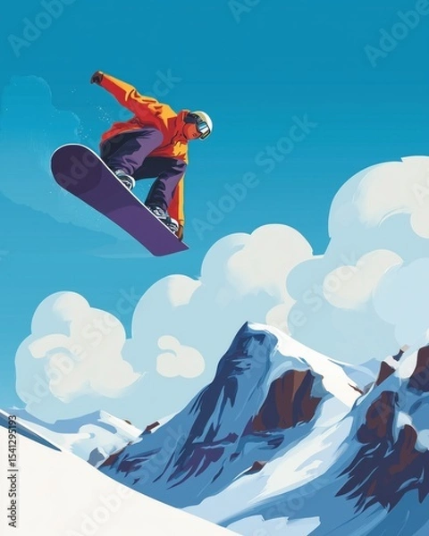 Obraz Snowboarder doing a big air jump in the mountains. Extreme winter sport action.