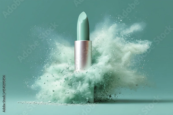 Fototapeta A green lipstick is surrounded by a cloud of powder. Concept of playfulness and fun, as the lipstick appears to be caught in a playful explosion of powder