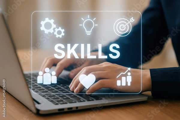 Fototapeta Hands Typing on Laptop with Glowing Skills Interface and Icons Representing Growth, Creativity, and Personal Development
