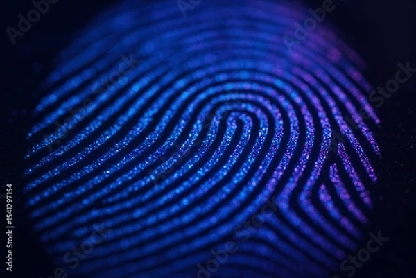 Fototapeta Macro Shot of Glowing Blue Fingerprint on Dark Background, Representing Biometric Security and Digital Identity