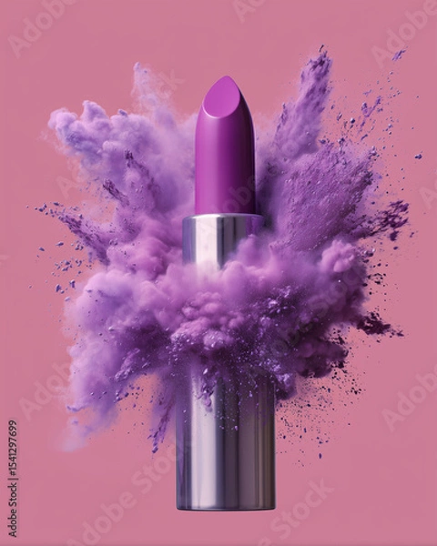 Fototapeta A purple lipstick is surrounded by a cloud of purple powder. Concept of playfulness and fun, as the lipstick appears to be exploding into a cloud of powder