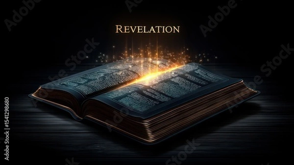 Fototapeta Open book glowing with light on dark wood