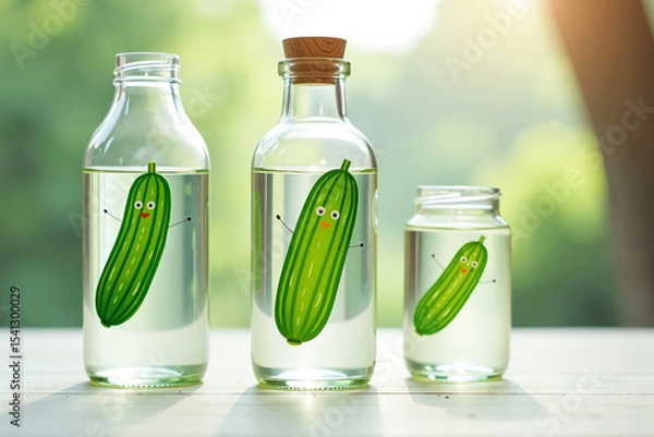 Fototapeta Playful illustration of cucumbers inside clear glass bottles