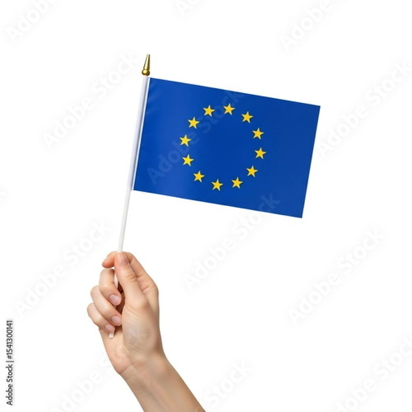 Fototapeta Woman holding flag of Europe. Symbol of European Union. Idea of alliance, unity and country. Concept for national day wallpaper.
