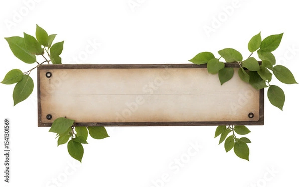 Fototapeta wooden photo frame with green leaves on transparent background