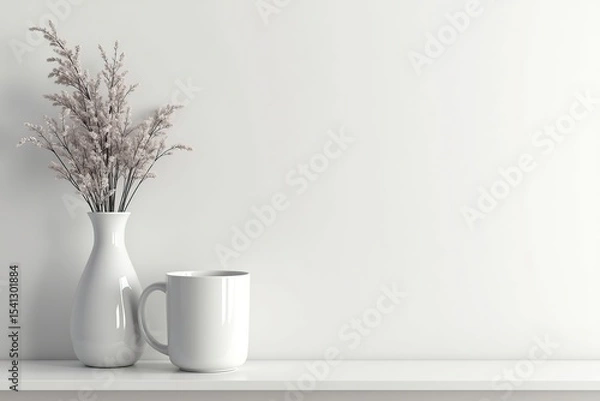 Fototapeta A bright still life features a hot cup of coffee on a white saucer with a green flower, isolated on a table