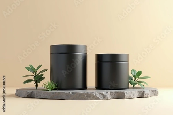 Fototapeta Plant in pot and vase displayed on the wall with containers and colorful design elements