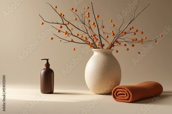 Fototapeta Still life with a vase of flowers on a table showing spring and autumn elements