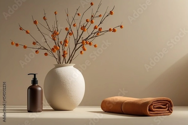 Fototapeta Still life with a vase of flowers on a table showing spring and autumn elements