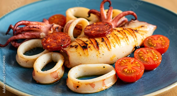 Fototapeta Mediterranean-style squid (Malta). grilled squid rings with chorizo and cherry tomatoes, olive oil droplets 