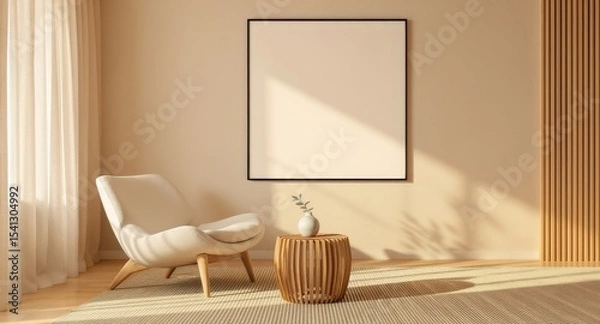 Fototapeta 베이지톤 벽에 액자 프레임과 의자, 나무 테이블이 놓인 미니멀 인테리어 공간, 부드러운 햇빛이 비추는 따뜻한 분위기