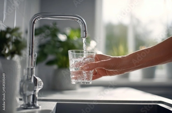 Fototapeta Filling a clear glass with fresh water from a modern chrome faucet in a bright kitchen.
