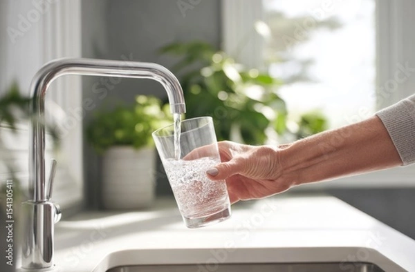 Fototapeta Filling Glass with Sparkling Water from Modern Faucet