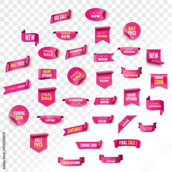 Obraz Best choice, order now, special offer, half price sale banners. Pink ribbons, tags and stickers. Vector illustration.