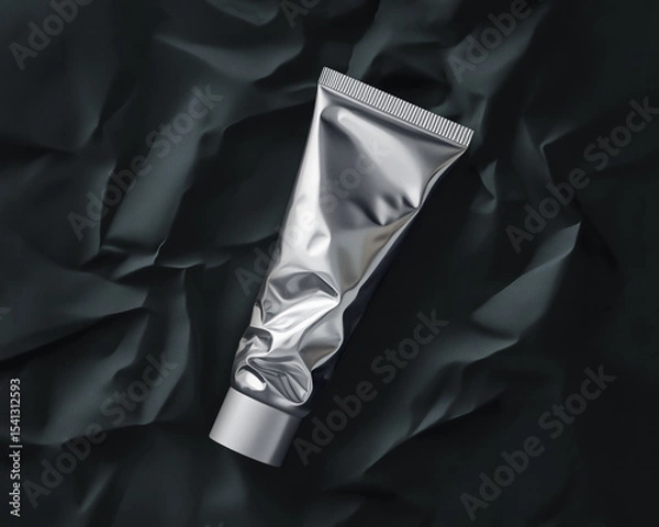 Obraz Deconstruction concept. Crumpled silver cosmetic tube lies on black texture background. Contrast of metal packaging and matte paper. Horizontal flat lay