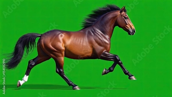 Obraz Majestic brown horse galloping gracefully against a bright green background in an artistic depiction