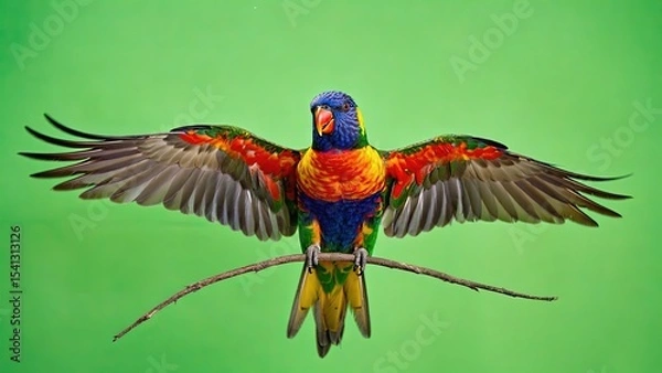 Obraz Rainbow lorikeet spreads its wings on a branch against a vibrant green backdrop