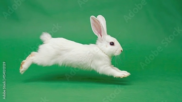 Obraz White rabbit leaping gracefully against a vibrant green background in a playful moment captured indoors