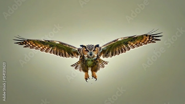 Obraz Majestic owl in mid-flight showcasing its magnificent wings over a natural backdrop at dusk