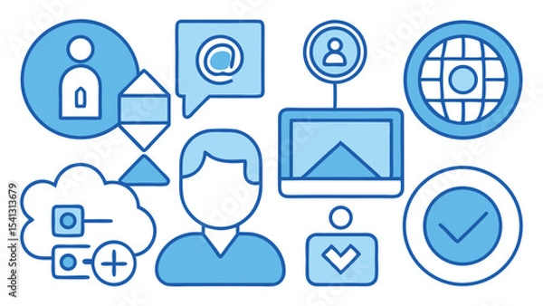 Fototapeta Light blue icons representing user profile, cloud storage, email, and global network concept