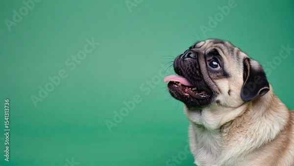 Fototapeta Happy pug with a playful expression against a vibrant green background in a studio setting