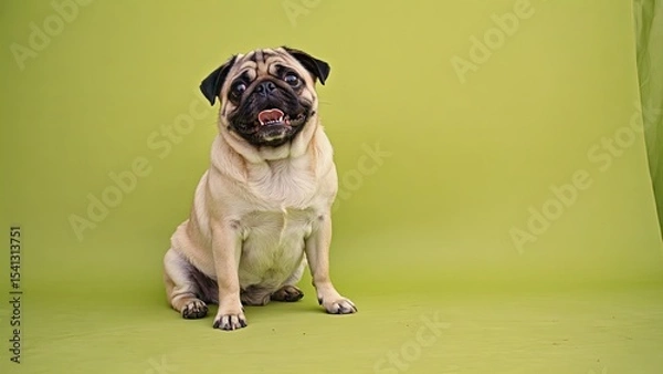 Obraz Relaxed pug sitting against a bright green background, showcasing its playful personality and adorable features
