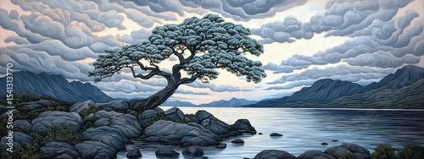 Fototapeta Serene Lakeside Landscape Solitary Tree on Rocky Shore Under Cloudy Sky