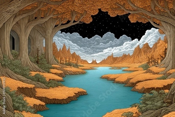 Fototapeta Serene Night Scene Pixel Art River Landscape from a Cave