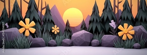 Fototapeta Serene Sunset Landscape Low Poly 3D Render of Mountains, Evergreens, and Yellow Flowers