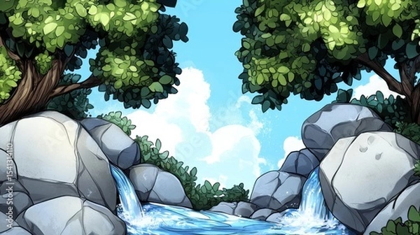 Fototapeta Serene Waterfall Landscape Pixel Art of a Blue Stream, Gray Rocks, and Lush Green Trees Under a Sunny Sky