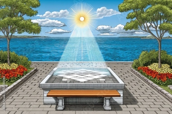 Fototapeta Serene Waterfront Fountain with Geometric Design and Lush Greenery