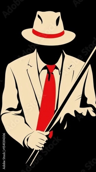 Fototapeta Silhouette of a Man in Beige Suit and Red Tie Holding a Long Object