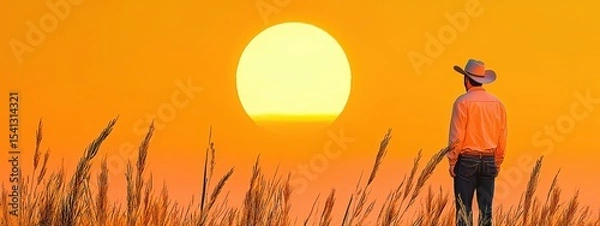 Fototapeta Silhouette of Cowboy at Sunset in Grassy Field