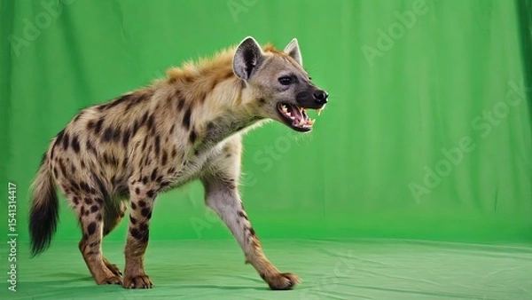 Fototapeta Hyena walks confidently on green backdrop showcasing its distinctive features in a studio setting