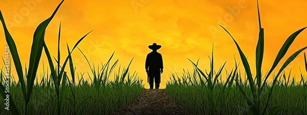 Fototapeta Silhouette of Person Walking Through Grass at Sunset