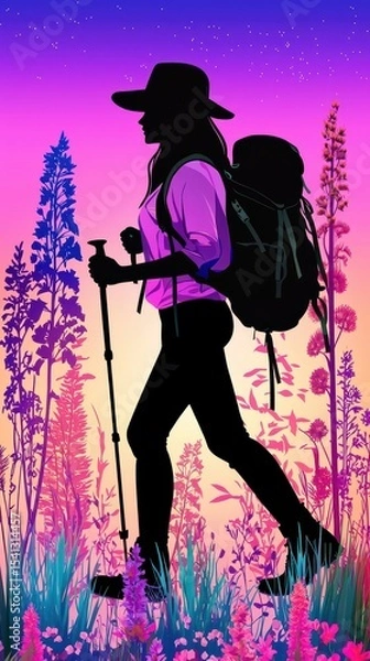 Fototapeta Silhouette of Woman Hiker at Sunset in Pixel Art Style