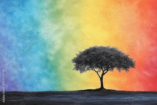 Fototapeta Silhouette Tree Against Vibrant Rainbow Background